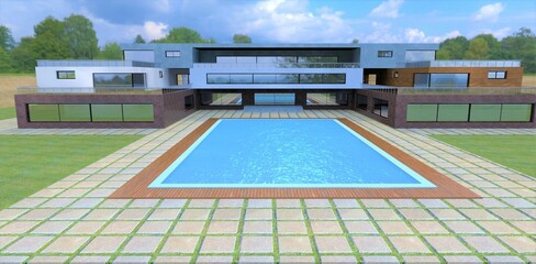 Swimming pool in the middle of the courtyard of a wonderful newly built estate in the suburbs of Kyiv. A blind area of massive rectangular slabs on the territory of the villa. 3d render.