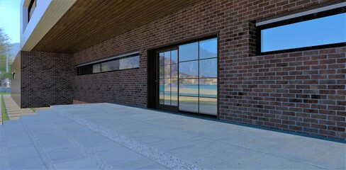 The front entrance to an immaculate building. Reflective swing doors. Wall decoration of fashionable red brick. Comfortable wide stone staircase with low steps. 3d render.