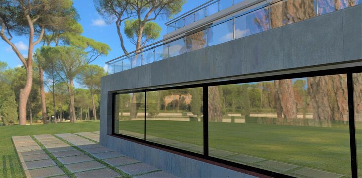 The chic tropical landscape is reflected in the giant panoramic window of the magnificent modern estate. The bark of an unrealistically thick tree is visible on the glass. 3d render.