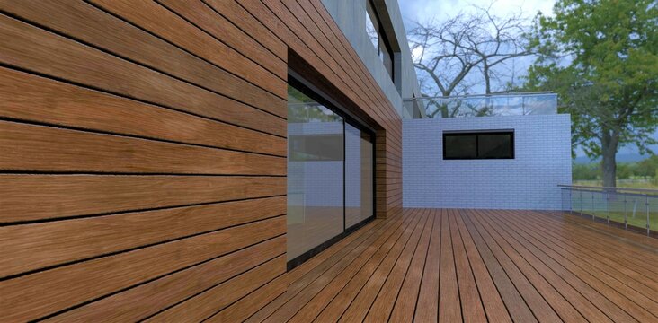 The concept of a cozy balcony in a country house. The wall is finished with a facade board. There is wooden flooring on the floor. Wonderful autumn day. 3d render.