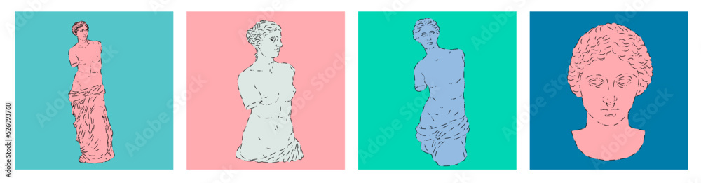 Poster Set of linear minimal illustrations of Venus statues. Modern art for print design. 