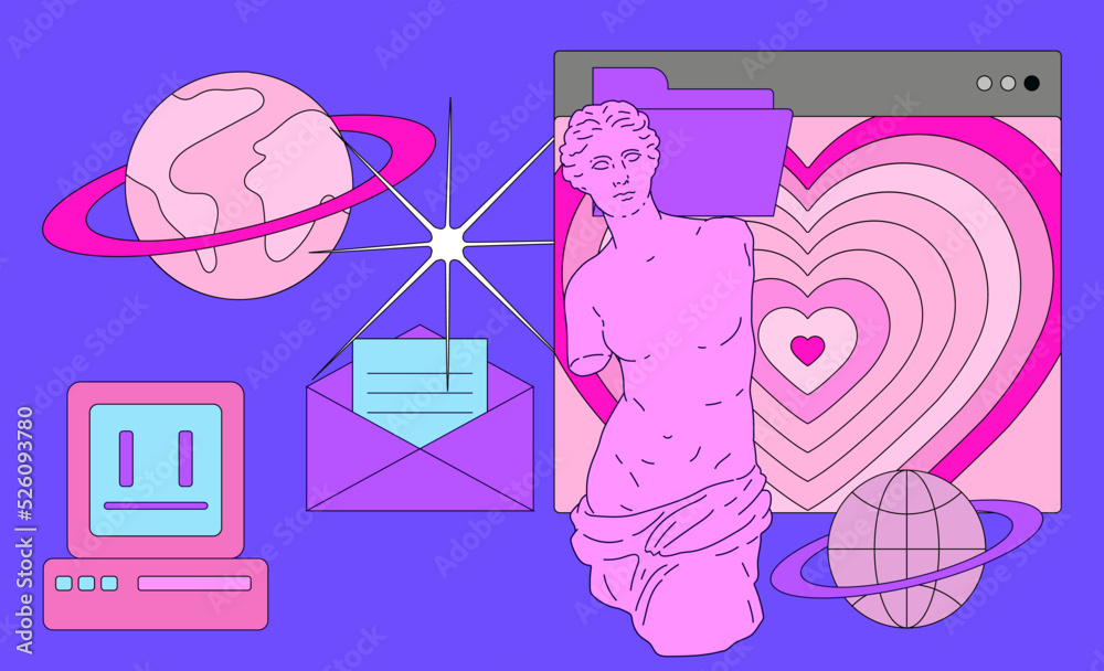 Aufkleber retro desktop with icons in vaporwave 80's style. collage of user interface elements and venus sculp