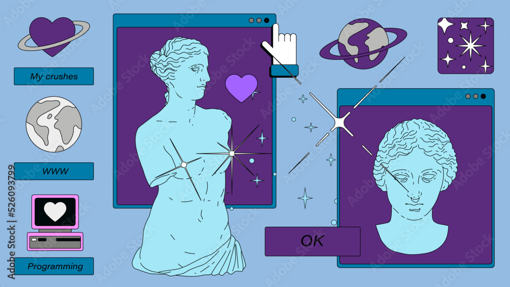 Poster Retro desktop with icons in vaporwave 80's style. Collage of user interface elements and Venus sculpture. 