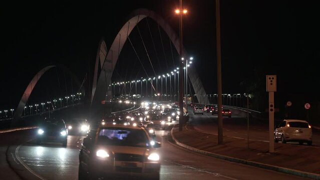Night traffic on JK bridge across the Lake Paranoa in Brasilia, Federal District, capital of Brazil. 