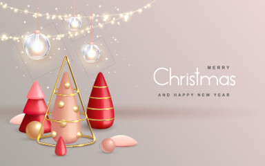 Christmas holiday background with realistic 3D plastic Christmas trees. Merry Christmas and Happy new Year greeting card. Vector illustration