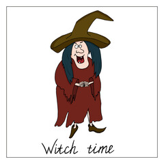 Witch isolated on white. Hand-drawn doodle illustration. Halloween witch, decoration. Colored doodle drawing.