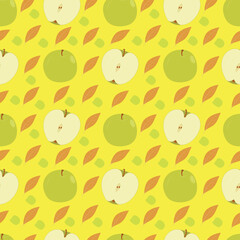 Pattern with green apples and leaves on a yellow background. For fabrics and paper. Vector.