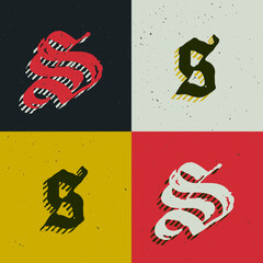 S letter blackletter style logo set with grunge texture. Stylish horror gothic font.