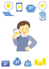若い男性のポイ活イラスト05　アイコン付き