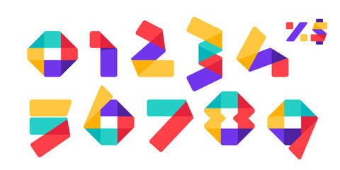Numbers set made of overlapping lines. Vector paper multicolor origami style icons.