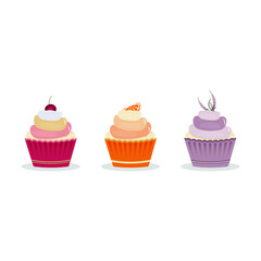 Delicious cupcake. Dessert vector illustration design.
A set of cupcakes. Dessert decorated with fruits, berries and flowers.