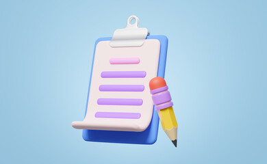 3D Clipboard, white sheet and pencil floating on blue background. Copywriting, notepad, writing on document, note taking, project plan concept. Cartoon icon minimal style. 3d render with clipping path