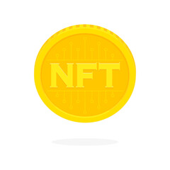 浮かんでいるNFT（非代替性トークン）の刻印が入ったコイン - 仮想通貨やブロックチェーンのイメージ素材
