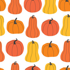 Hand drawn cute autumn seamless pattern with various pumpkins. Flat vector Halloween and Thanksgiving print design in doodle style. Repeated background fall harvest wrapping or wallpaper.
