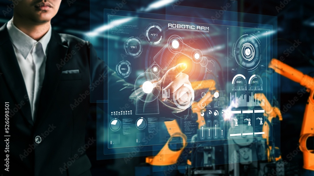 Poster engineer use cybernated robotic software to control industry robot arm in factory . automation manuf