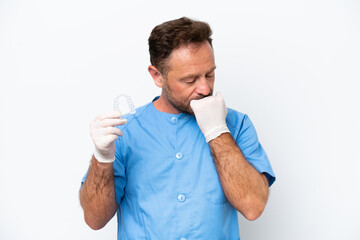 Middle age dentist man holding envisaging isolated on white background having doubts