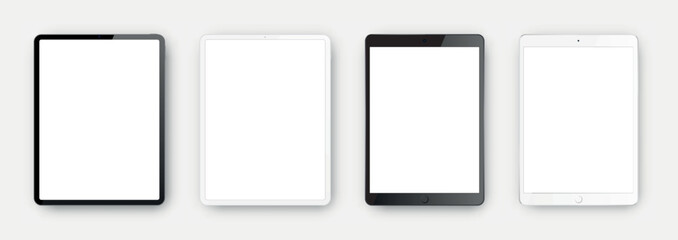 Realistic tablet mockup set. Black and white tablet computers mockups. Simple tablet mockup. Vector illustration