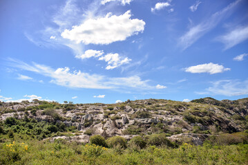Fototapeta na wymiar mountain landscape with blue sky and clouds, Araruna, Pb, Paraíba, Brazil, brazilian trails, travels in brazil, northeastern brazil, natural landscapes