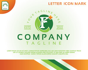 Creative letter F and health care green leaf logo design template