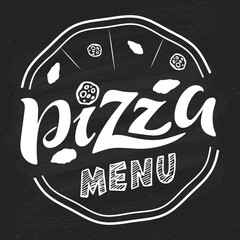 Pizza menu. Vector hand lettering. White letters with pizza and basil leaves in pizza shape on chalkboard. digital picture for pizza cafe shop banner poster flyer. Italian food.  Neapolitan cuisine