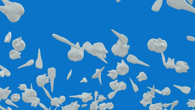 Many 3D teeth flying on a blue background. Animation of the dentist's video and healthy teeth. Stock video with a pattern of teeth in 4k with an alpha channel.