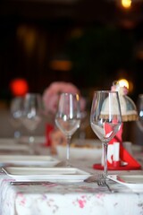 Crystal glasses for newlyweds wedding, decorated for the holiday.