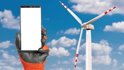 Hand with phone. Wind power generation. Smart phone with blank screen. Copy Space on white. Wind...