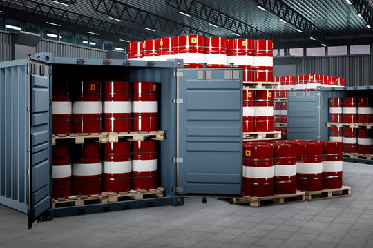 Warehouse chemical products. Red barrels in shipping containers. Logistics goods chemical industry. Open cargo containers inside hangar. Warehouse Logistics. Industrial chemical enterprise. 3d image