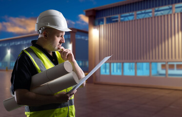 Builder near warehouse. Man with architectural blueprints thought. Adult builder in front of warehouse hangars. Builder in evening industrial zone. Warehouse architect. Construction office career