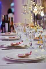 Crystal glasses for newlyweds wedding, decorated for the holiday.