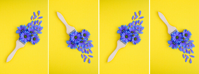 Collage of paintbrush with blue flowes on the yellow background. Top view.