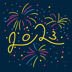 Fototapeta na wymiar Festive fireworks in the night sky. Calligraphy of numbers 2023. New year and christmas celebration with salute. Illustration in flat cartoon graphic style. Handwritten text on a dark background.
