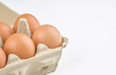 Fresh and appetizing eggs are packed in egg cartons. put on a white background