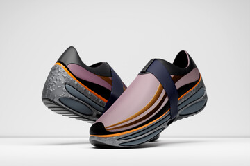 Bright sports unisex sneakers in orange  and brown   canvas with high  soles. 3d illustration