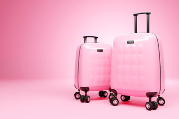 Close-up of two pink travel suitcases on wheels on a pink background. 3d rendering