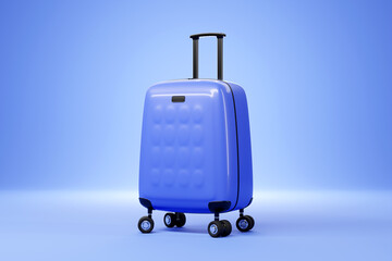 Close-up of a blue travel suitcase on wheels on a blue background. 3d rendering
