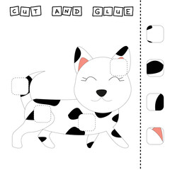 Paper game for the development of preschoolers. Cut out parts of the image and glue on the dog. A fun game for kids 