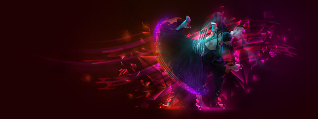Young beautiful couple, man and woman dancing ballroom dance over dark background with colorful neon elements. Flyer