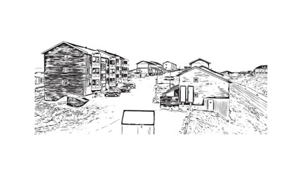 Building view with landmark of Nuuk is the 
capital of Greenland. Hand drawn sketch illustration in vector.