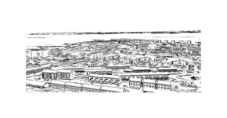 Building view with landmark of Nuuk is the 
capital of Greenland. Hand drawn sketch illustration in vector.