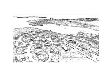 Building view with landmark of Nuuk is the 
capital of Greenland. Hand drawn sketch illustration in vector.