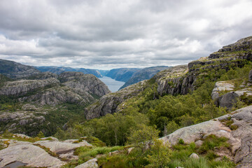 Rock Formations and Lysefjord landscape at Prekestolen (Preikestolen) in Rogaland in Norway (Norwegen, Norge or Noreg)
