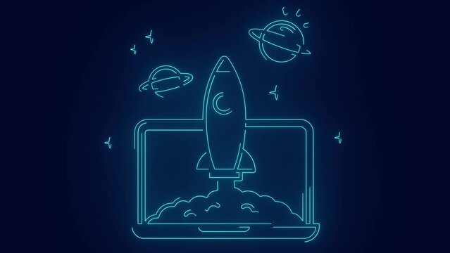 Digital saas startup launch from laptop animation