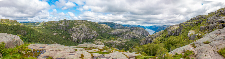 Fototapeta na wymiar Rock Formations and Lysefjord landscape at Prekestolen (Preikestolen) in Rogaland in Norway (Norwegen, Norge or Noreg)