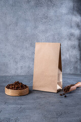 Coffee identity branding mockup. Blank brown craft bag with coffee beans. Package mockup template for logo, brand, sticker, label. Top view, flat lay