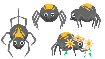 Set Abstract Collection Flat Cartoon Different Animal Spiders Stand, Descends On The Web, Picking Flowers Vector Design Fauna Wildlife
