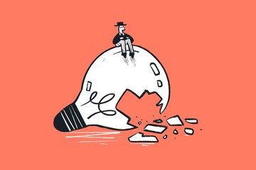 Comic strip cartoony style funny for article, web, socials, post - Lightbulb idea broken, no solution for problems