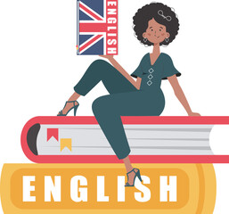 A woman sits on books and holds an English dictionary in her hands. The concept of learning English. Isolated. trendy style. Vector illustration.