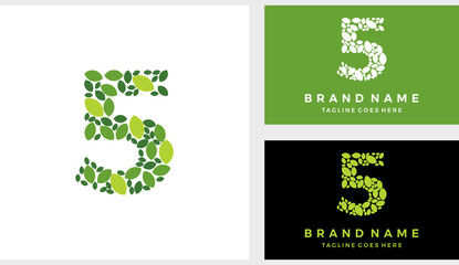 Number five 5 eco leaves logo icon vector
