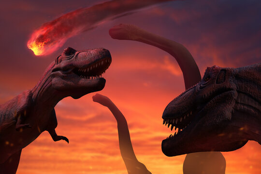 Extinction of the dinosaurs when a large asteroid hits earth theme concept.